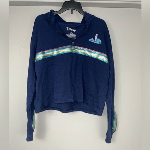 Disney JRs Women’s Blue Lilo and Stitch Blue Sparkle Pull Over Quarter Zip - Picture 2 of 6